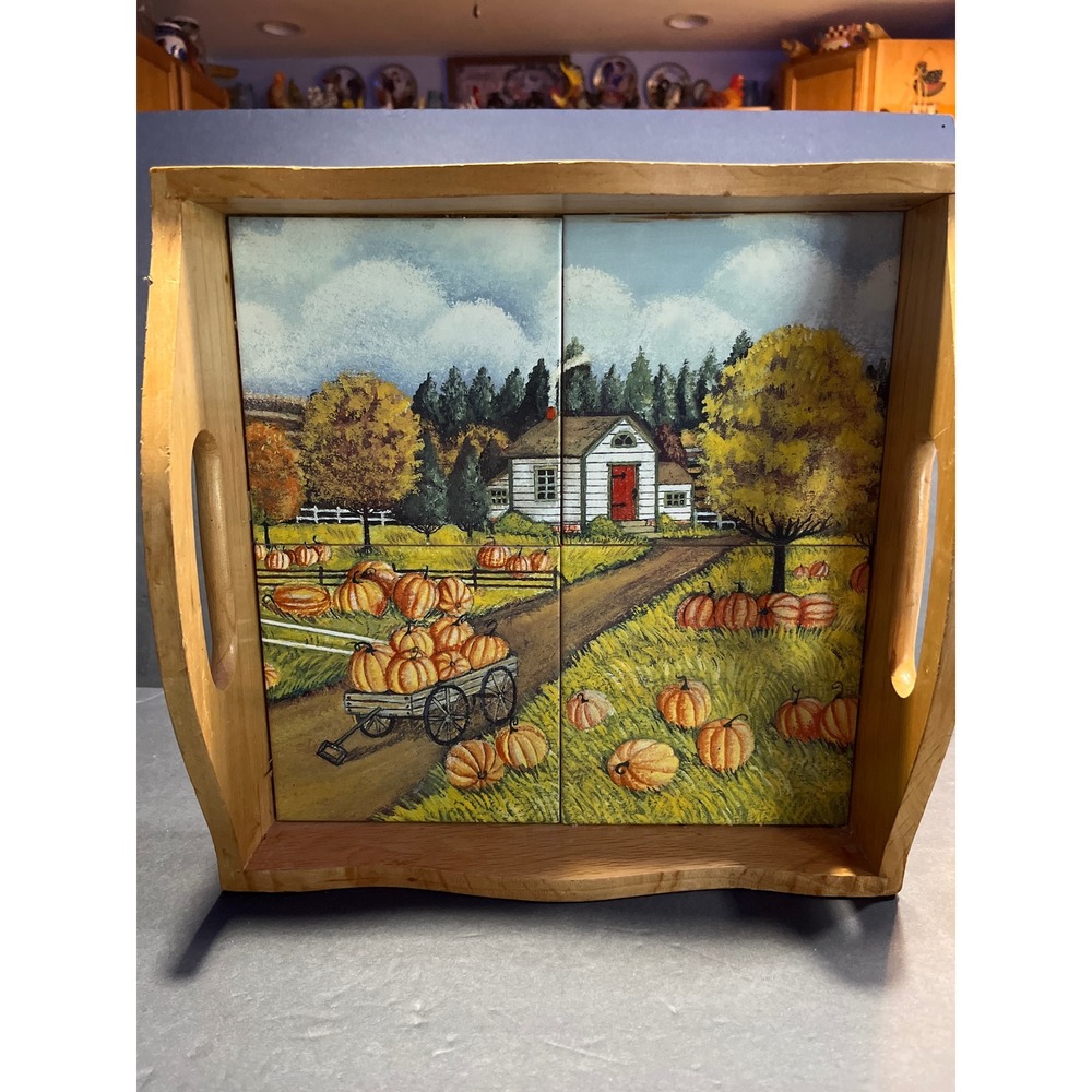 Vintage Wooden Pumpkin Patch Tile Serving Tray Autumn Harvest 13in Russ Berrie